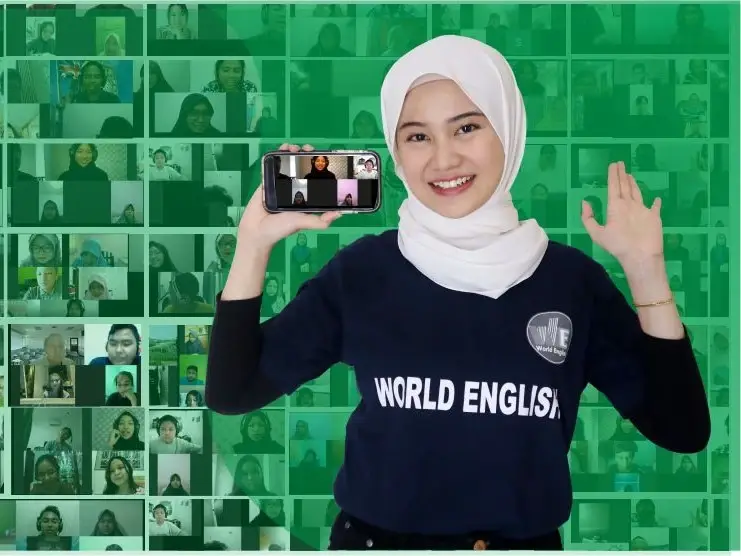 Kampung Inggris World English dalam banner mobile informasi kelas Bahasa Inggris offline dan online